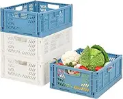 2 Blue 2 white Plastic Storage Basket Folding Storage Boxe Crate Drawer Organizer Stackable Shelf Basket Collapsible Closet Container Food Fruit Bottle Book Organiser for Home Office Kitchen Basket