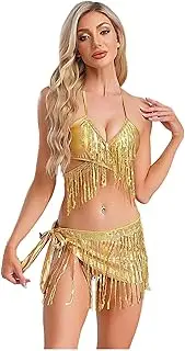 [GRRKDFQ] Women Lingerie Sequin Tassels Latin Dance Outfits Dancewear Removable Padded Bra Crop Top with Lace-Up Hip Skirt and Thong