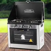 Devanti Portable Gas Oven, 2 Burner Camping Stove Benchtop Ovens Baking Plate Black