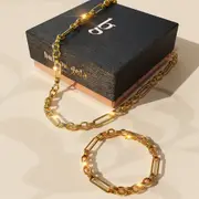 Boxed Roxanne Oval Link Paperclip Chain Gold Necklace and Bracelet Set