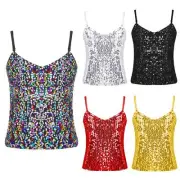Kids Girls Shiny Sequins Dance Crop Tops Tank Camisole Jazz Hip Hop Vest Costume