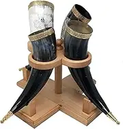 Viking Drinking Handmade Natural OX Horn | Tankard | Mug | Cup for Ale, Beer, Mead, Wine | 12 to 15 Inch | 100% Leak Free | with Beautiful Wooden Stand (Set of 4)