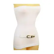 Women White Skinny Elastic Band Hip High Waist Belt Gold Metal Buckle Size S M