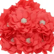 3.5" Rhinestone Pearl Chiffon Flower, 10 Pcs Sewing Fabric Appliques, Red/Orange