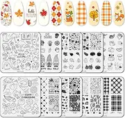 Whaline 10 Sheet Fall Nail Art Stamping Plates Kit Happy Thanksgiving Pumpkins Maple Leaf Gnome Plaid Autumn Blessings Collection Nail Art Plate for Autumn Thanksgiving Nail Art Design DIY Print