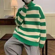 Long-Sleeve Turtleneck Striped Knit Top Green - L