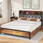 Advwin Bed Frame Queen Size with 4 Storage Drawers Charging Station and USB Port Storage Tufted Headboard Shelf Metal Bed Base