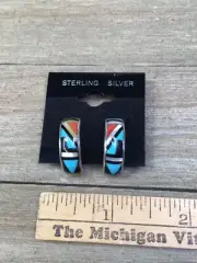 New BOONE Sterling Silver Native American Turquoise Inlay Hoop Earrings Zuni 21m