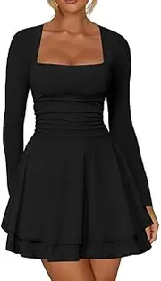 RPAEOY Kleid Damen Sexy Langarm Quadratischer Ausschnitt Minikleid Rüschen Eng Kurz Bodycon Elegant Cocktailkleid Abendkleider Partykleid