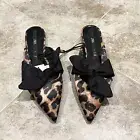 NWT Zara Animal Print Pointy Toe Slip On Mules Flats Bow Accent Black Brown