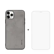 For iPhone 11 Pro Case Fabric Texture Grey & Tempered Glass Screen Protector