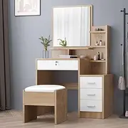 ALFORDSON Dressing Table and Stool Chair Set Wood White Color, Makeup Vanity Desk with Mirror, Mutiple Shelves & Side Cabinet, Dresser Organiser for Women Bedroom Dress Room