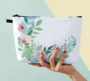 Make Up/ Toiletries Bag, Soft Pink & Green Leaf Design on White, Zipper Open