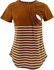 [Generic] Fashion Round Neck Clothes for Pregnant and Lactating Mothers Striped Tops Women's T Shirts Maternity Tan
