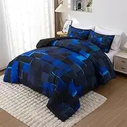 NTBED 3D Abstract Geometric Comforter Set Block Printed Microfiber Bedding Sets for Kids Adult,Blue Queen