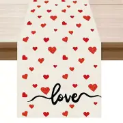 Romantic Valentines Day Painted Red Love Hearts Cloth Table Runner Burlap Tab...