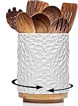 Extra Large 360° Rotating Utensil Holder for Kitchen Counter, 8.3” Cooking Utensil Holder for Countertop with Bamboo Base, White Ceramic Utensil Crock Canister for Cooking Utensils - Engraved Design