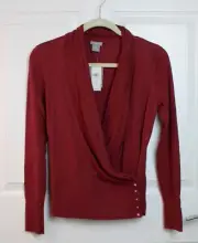 NWT Ann Taylor Wrap Front Shawl Neck Cranberry Red Pullover Sweater Wool Blnd XS