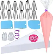 219PCS Piping Bags and Nozzles Set Frosting Bags Disposable 14 Inch 200PCS Anti Burst Thicken Pastry Bags with 2 Icing Bag Ties, 1 Couplers, 3 Cake Side Scrapers, 12 Frosting Tips for Cake Baking