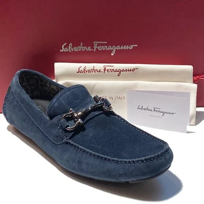 Ferragamo Bit Dark Blue 7.5 EE Men's Suede Leather Drivers Dress Loafers PARIGI