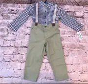 Carter's Baby Button Down Gingham Shirt & Dress Casual Pants Suspenders 24 Mths