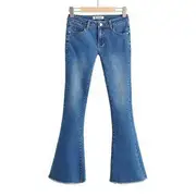 Low Rise Frayed Bell Bottom Jeans Dark Blue - XS