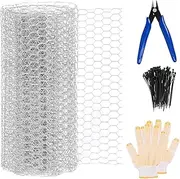 Swpeet 104Pcs Approx 13.7"x 236" Chicken Wire Net Set, Poultry Wire Netting, Hexagonal Galvanized Mesh Garden Fence Barrier for Pet, Rabbit Fencing with Mini Cutting Pliers,1 Pair of Gloves, Wire Ties