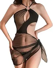 [Generic] Women's Sexy Transparent Lingerie Hanging Neck Dress Hollow Irregular Mini Satin Dress Lace Bodysuit Tight Sleepwear
