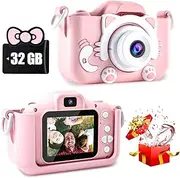 Kids Selfie Camera Toys for 3 4 5 6 7 8 9 10 11 12 Year Old Boys/Girls, Kids Digital Camera for Toddler with Video, Christmas Birthday Festival Gifts for Kids, Camera for Kids, 32GB SD Card (Pink Cat)