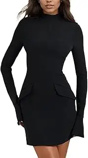 [EMOTTOS] Women Tight Work Mini Dress, Back Zipper Business Dresses with Pockets, Slim Bodycon Pencil Dress with Flared Sleeves, Wrap Turtle Neck Dress for Formal Office Business, Black, S-L