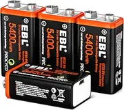 EBL USB Rechargeable 9V Lithium Batteries - 5400mWh Long Lasting LI-ion Batteries with Micro Charging Cable - Quick Charge in 2 Hours (4 Pack)