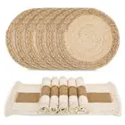 Handmade Boho Placemats Set of 6 - Natural Cotton Burlap and Water Straw Wove...