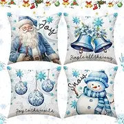 Allony Set of 4 Christmas Cushion Covers, Blue Christmas Cushion Cover, 45 x 45 cm, Christmas, Decorative Cushion Cover with Santa, Snowman, Christmas Tree