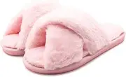 [eccbox] Women's Fluffy Furry Fuzzy Slippers Cross Band Soft Plush Flat Slide Memory Foam House Slippers Open Toe Comfy Spa Indoor Outdoor Slip On