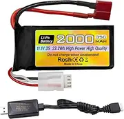 3S Lipo Battery 11.1V 2000mAh 35C with T Plug and USB Charging Cable Suitable for RC Cars, Trucks, RC Boats, RC Drones, Quadcopters, Helicopters, FPV Drones