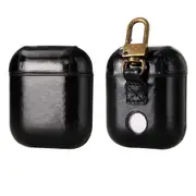 For AirPods 2nd Gen Case, Genuine Leather Protective Cover, Black, Snap Hook