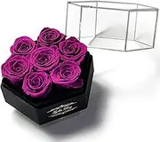 Kylin Glory Preserved Roses with Hexagon Acrylic Cover - 7 Piece Forever Flowers, Visible Freshness, Perfect for Mothers & Valentines Day Gifts (Purple)