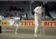 England batsman Angus Fraser is hit by a ball from bowler Ken- Old Cricket Photo
