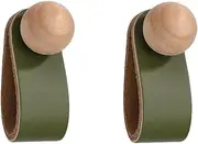 Wooden Drawer Knobs 2Pcs Chinese Style Log Single Hole Drawer Leather Handle Round Ball Wooden Cabinet Wardrobe Door Solid Wood Handle Olive Green
