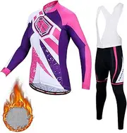 [LMKIJNB] Womens Cycling Jersey Long Sleeves Set Bicycle Clothing Sportswear Biking Suit Tights Bib Pants Winter Thermal Fleece Moisture Wicking UV Protection 3D Gel Padded MTB Outdoor Windproof W01,A,XL