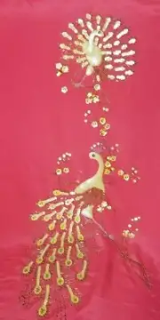 Vintage Red Silk Material With Sequined & Beaded Peacocks 44"×88" Craft RARE