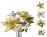 bulk 24 Xmas Glam Poinsettia Stem Flower 4 Assort Christmas Decor 60x2cm