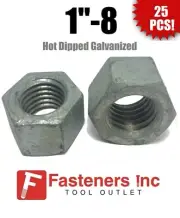 (Qty 25) 1"-8 Low Carbon Grade 2 Finished Hex Nuts Hot Dipped Galvanized 1-8
