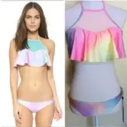 NWT WILDFOX LG Pastel Rainbow Flounce Mesh Bikini Top Bottom #90122
