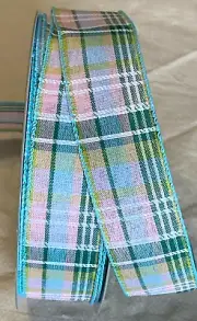 5 Yds. GREEN & PINK PLAID WIRE EDGE RIBBON 1 1/2" Wide