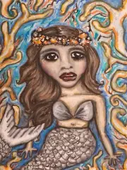 PACIFIC ISLAND MERMAID Original 9x12 Oil Pastel Painting Artist KSams Fantasy