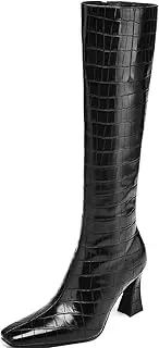 [AIUNIIND] Knee High Boots for Women Mid Heel Tall Boots Fashion Square Toe Long Boots Chunky Flare Heel Dress Boots for Fall Winter