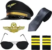 Timisea Pilot Costume Accessories Kit, Halloween Dress Up Set With Hat, Sunglasses, Wings Badge, Tie - Party Supplies