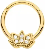 [Pierced Owl] 16GA 316L Stainless Steel CZ Crystal Lotus Flower Front Facing Hinged Segment Ring