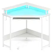 Costway LED Corner Computer Desk w/Charging Station Keyboard Tray Monitor Stand Hooks & Shelf Home Gaming Table White